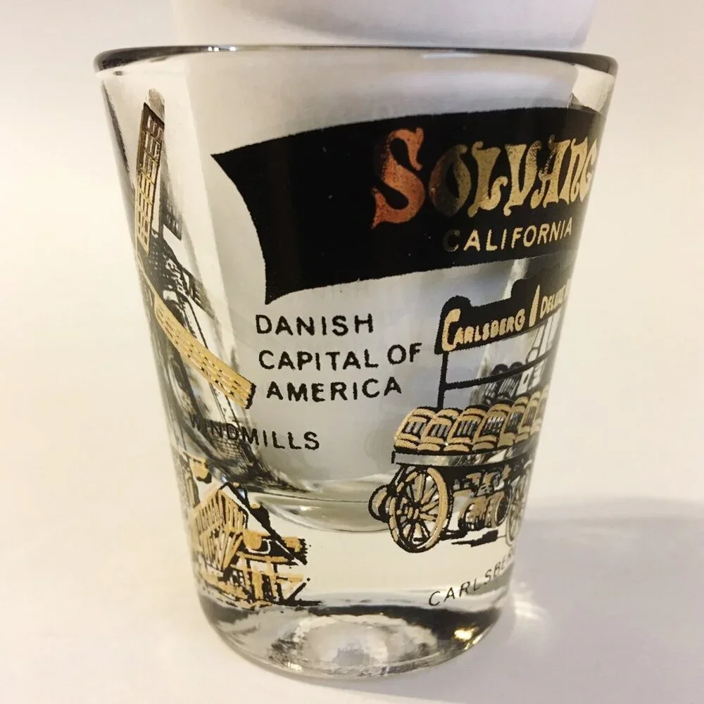 Shot Glass Solvang California Danish Town Windmill Dancers Flag Collectible Bar